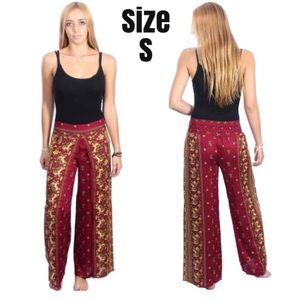 Women’s Elephant Print Maroon Palazzo Pants with Wide Smocked Waistband Sz Sm